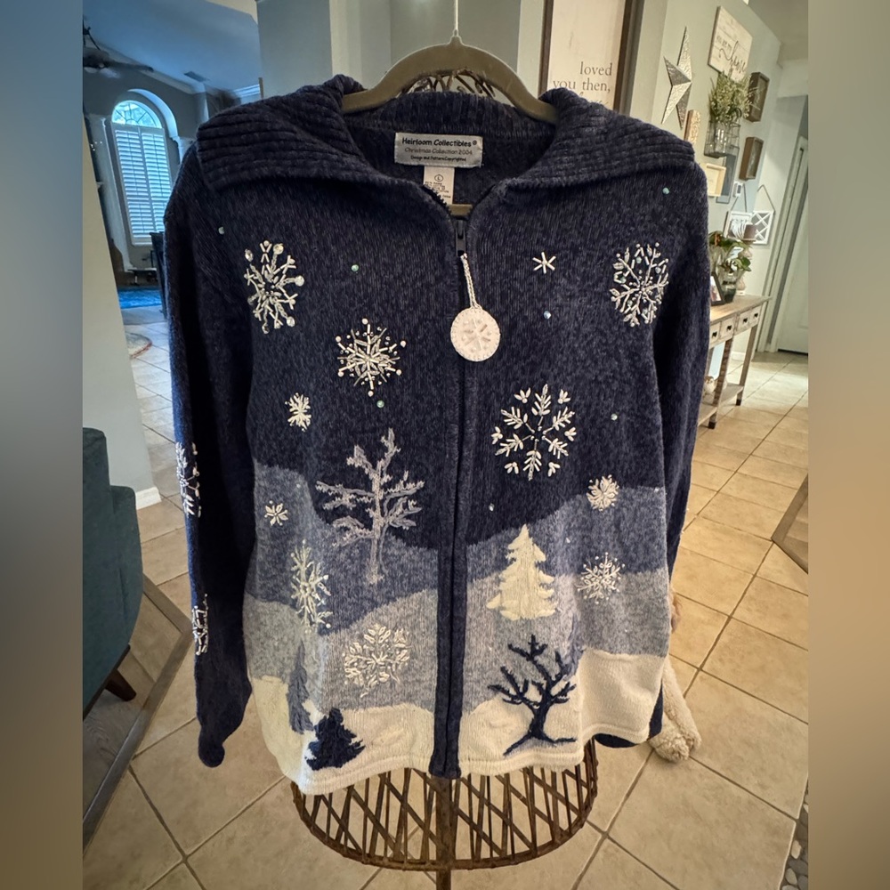 Heirloom Collectibles Fair Isle Snowflake Beaded Zip Cardigan Womens Large